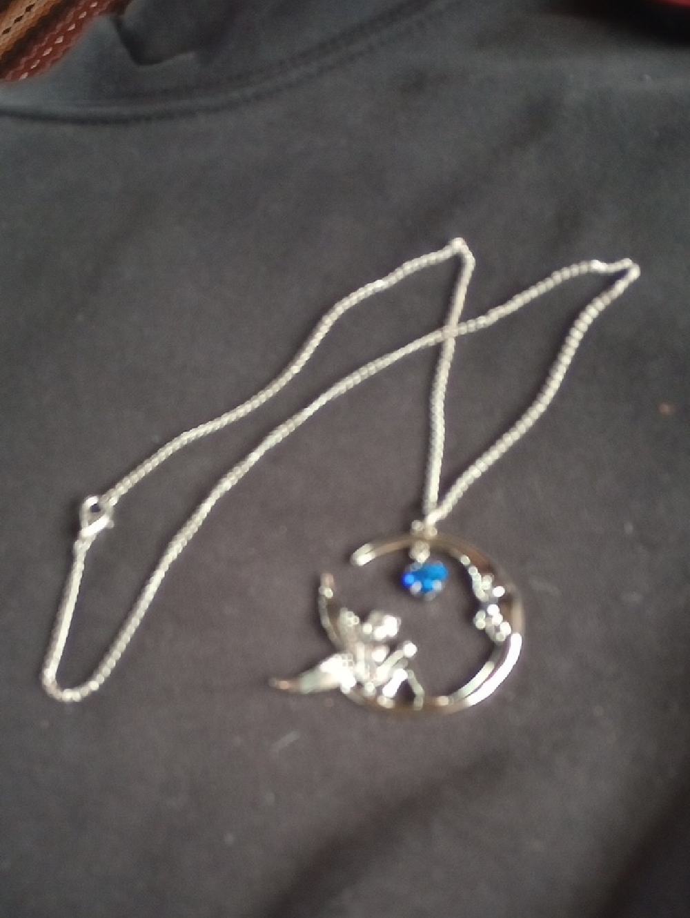Hand Crafted Silver-tone Moon & Fairy Necklace with Blue Accent